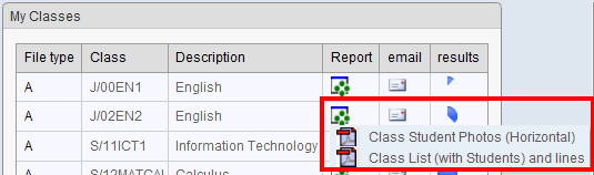 Home window (My Classes area, cut down, hot reports menu highlighted, synweb)