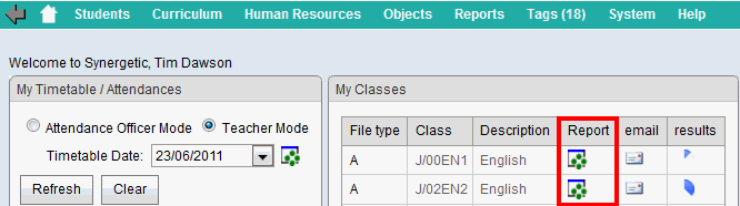 Home window (My Classes area, hot reports highlighted, synweb)