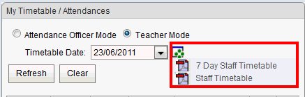Home window (My Timetable area,cut down, hot reports menu highlighted, synweb)