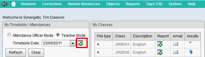 Home window (My Timetable area, hot reports highlighted, synweb).gif