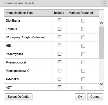 Immunisation search window (cut-down, synweb)