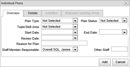 Individual plans window (Current student maintenance - Individual plans bar)