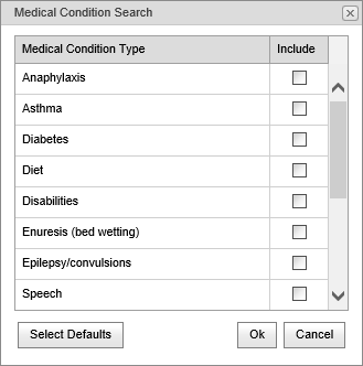 Medical Condition search window (Excursion Maintenance, synweb)