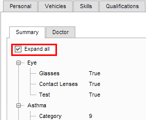 My Details - Medical tab - Summary sub-tab (cut down, Expand All highlighted)