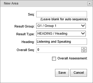 New Area window (synweb subject assessment maintenance)