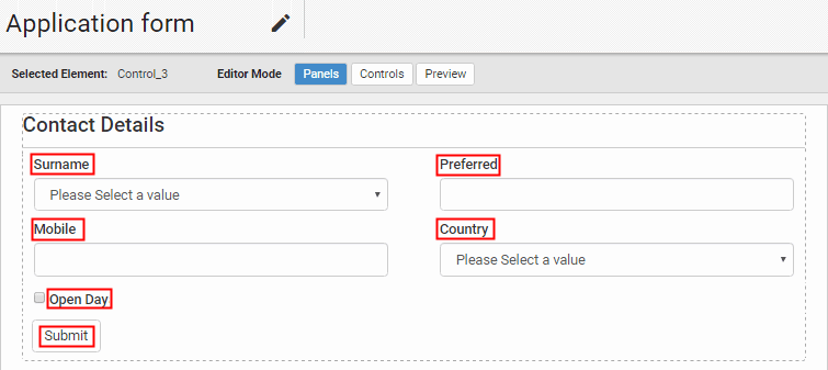 New form (Elements added and named, highlighted)