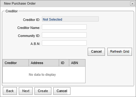 New Purchase Order - Creditor window (synweb)