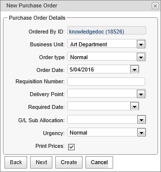 New Purchase Order window - Purcahse Order Details (synweb)