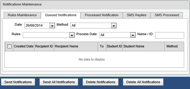 Notifications Maintenance - Queued Notifications tab (synweb, cut down)