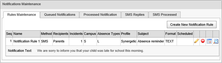Notifications Maintenance - Rules Maintenance tab (synweb, cut down)