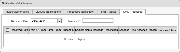 Notifications Maintenance - SMS Processed tab (synweb, cut down)
