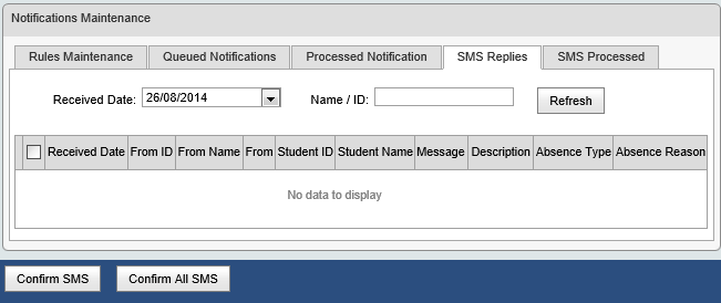 Notifications Maintenance - SMS Replies tab (synweb, cut down)