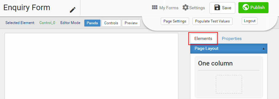 Online form editor (Blank, Elements tab highlighted)