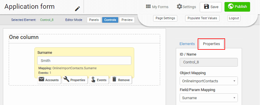 Online form editor (Blank, Properties tab highlighted)