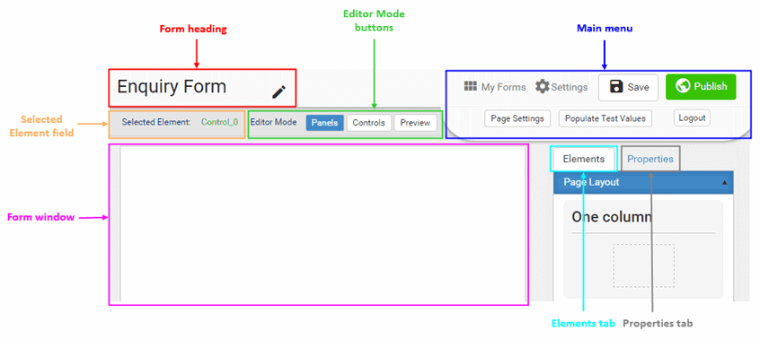 Online form editor (Exploring, sections highlighted)