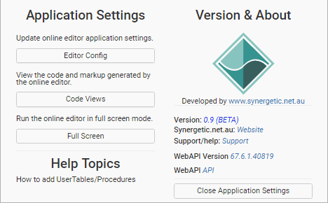 Online form editor (Settings window)