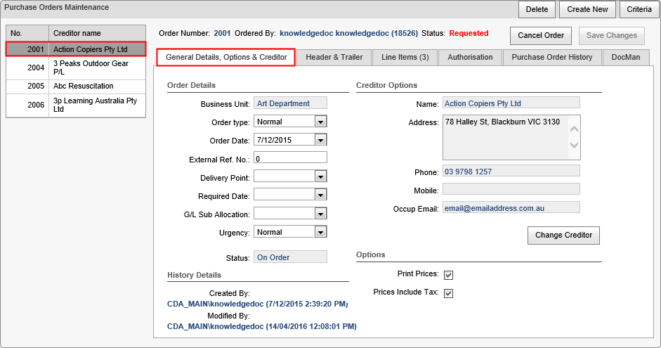 Purchase Order Maintenance (synweb) - initial view after search