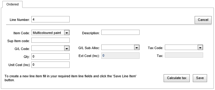 Purchase Orders Maintenance - Line Items tab (Ordered sub tab, synweb)