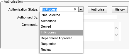 Purchase Orders Maintenance - Authorisation tab (cut down, Authorisation area, select status)