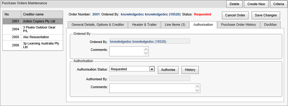 Purchase Orders Maintenance - Authorisation tab (synweb, cut down)
