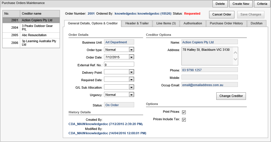 Purchase Orders Maintenance - General Details tab (cut down)