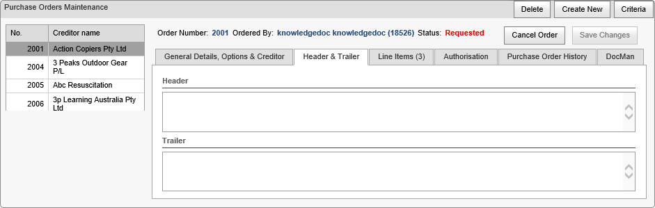 Purchase Orders Maintenance - Header and Trailer tab