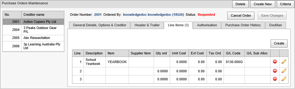 Purchase Orders Maintenance - Line Items tab (synweb, cut down)