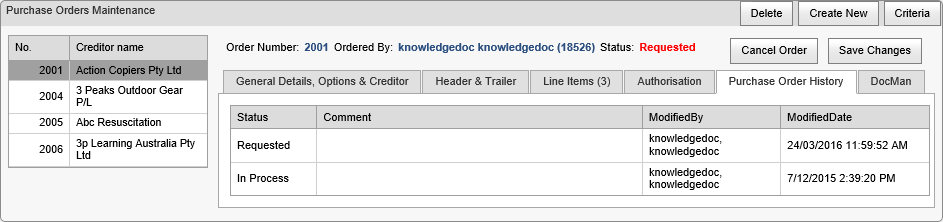 Purchase Orders Maintenance - Purchase Order History tab (synweb, cut down)