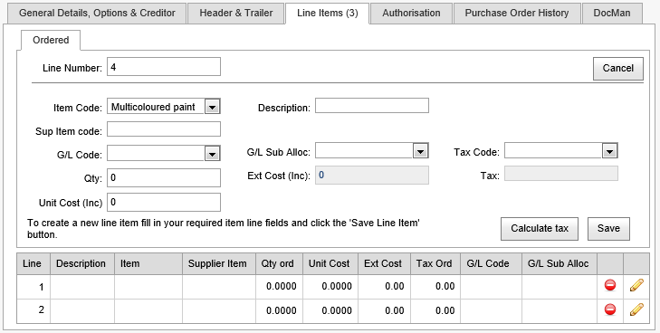 Purchase Order tab - Line Item Editor area (synweb, initial)