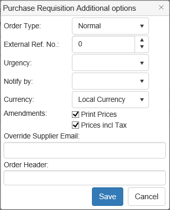 Purchase Requisition Additional options window (synweb)