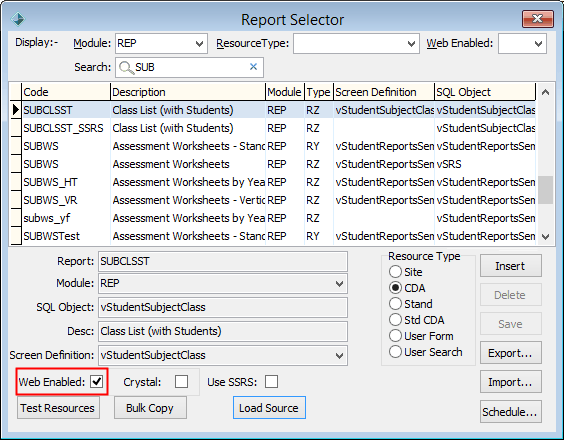 Report Selector (cut down, cocurricular exmaple, web enabled highlighted)