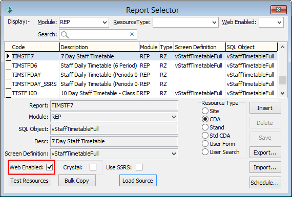 Report Selector (cut down, myclasses staff, web enabled highlighted)