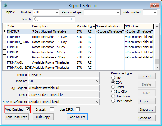 Report Selector (cut down, staff exmaple, web enabled highlighted)
