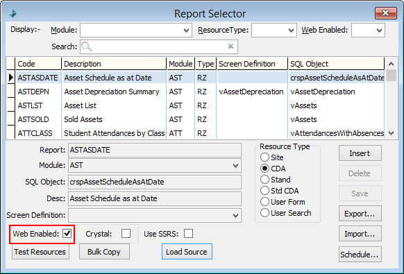 Report Selector (cut down, web enabled highlighted)