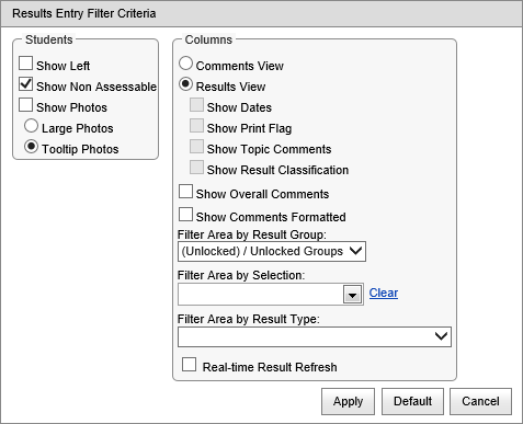 Results Entry Filter Criteria (legacy windows, synweb)