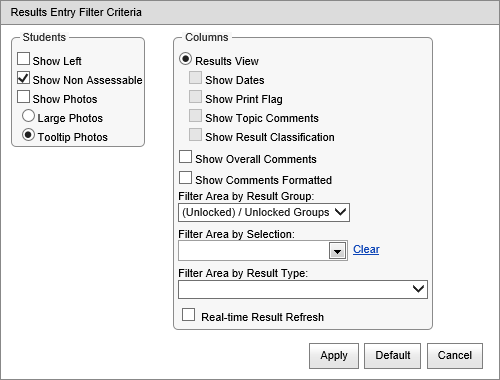 Results Entry Filter Criteria (single window, synweb)