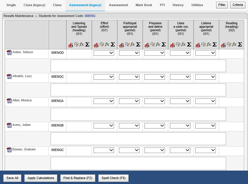 Results Maintenance - Assessment (legacy) window (synweb)