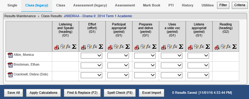 Results Maintenance - Class window