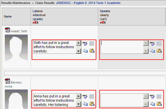 Results Maintenance - Class window