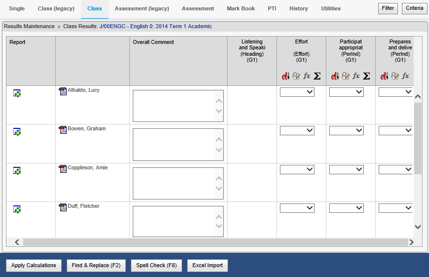 Results Maintenance - Class (Fast) window (synweb, cut down)