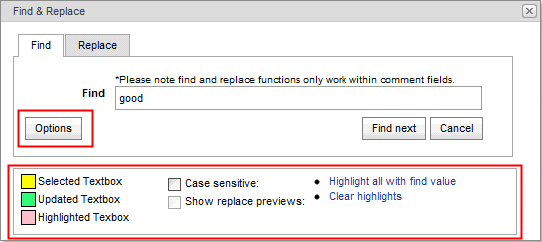 Results Maintenance - Find & Replace (Options area)