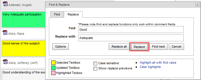 Results Maintenance - Find & Replace (Replace, highlighted green, yellow)