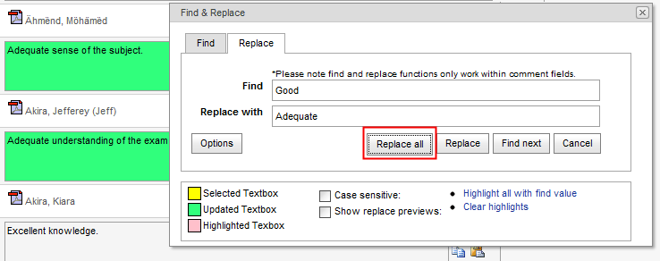 Results Maintenance - Find & Replace (Replace all, highlighted green)