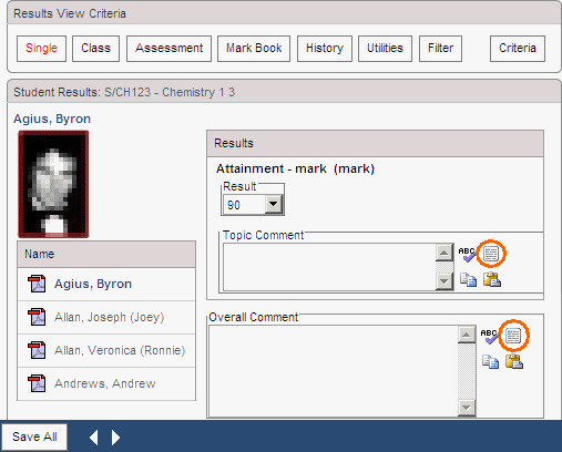 Results Maintenance - Single window (comment bank icons)