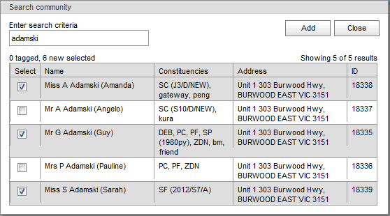 Search community window (synweb, search on adamski, selected)