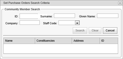 Search Criteria window (purchase orders)