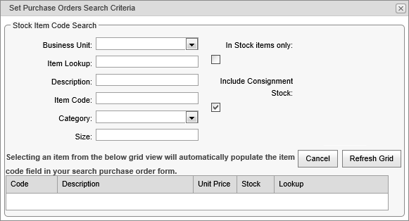 Search purchase orders (Stock item code search)