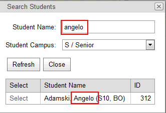Search Students window (preferred name, whats new, synweb)