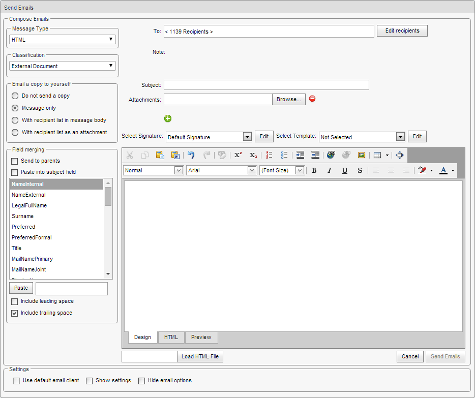 Send Emails window (multiple recipients, synweb v6)