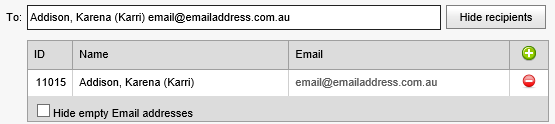 Send Emails window (Recipients area)